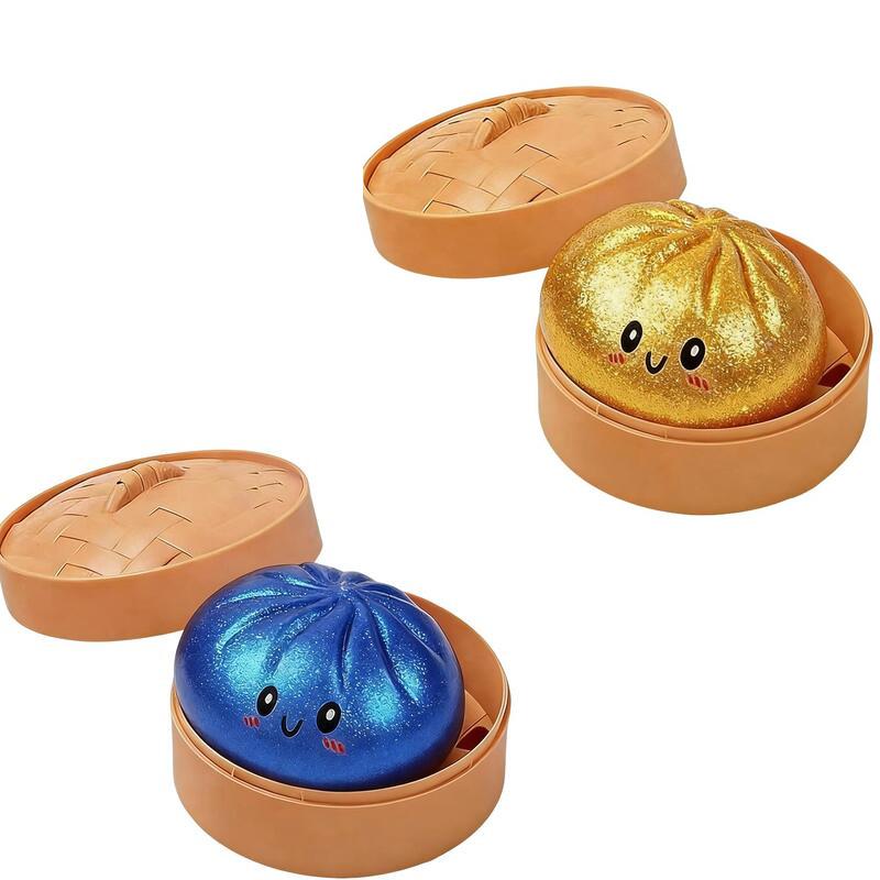 Glitter Dumplings Stress Relief Toy Cute Steamed Bun Squishy Toy with Steamer Box Fidget Toy Soft Slow Resilience Stress Relief Sensory Squeeze Toy