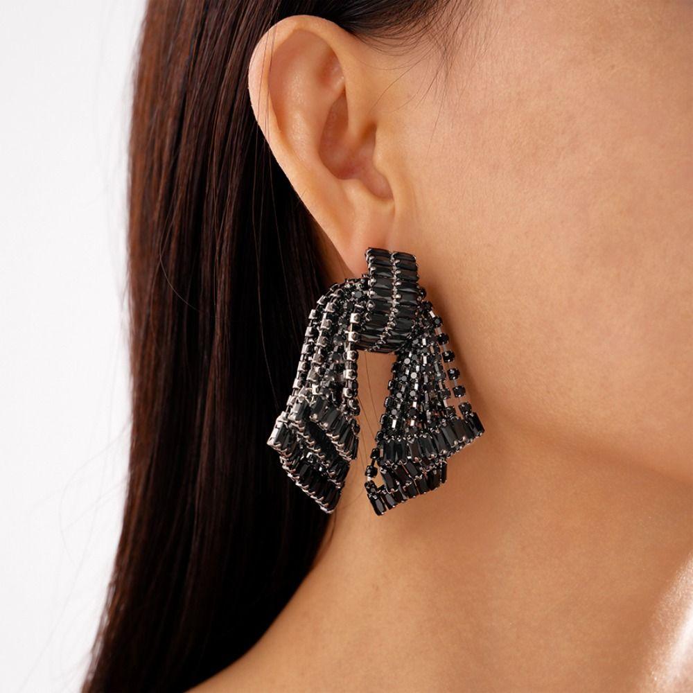 Crystal Bowknot Drop Earrings Tassel Exaggerated Earring Luxury Shining Rhinestone Earrings  Gift