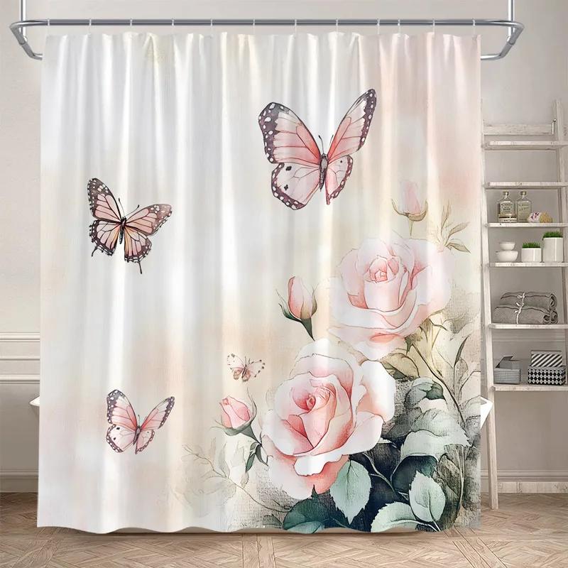 Rosa Ros Blommiga Duschdraperier Naturlig Grön Växt Blommor Alla Hjärtans Dag Badrumsdraperi Modernt Tyg Badrumsinredning med Krokar