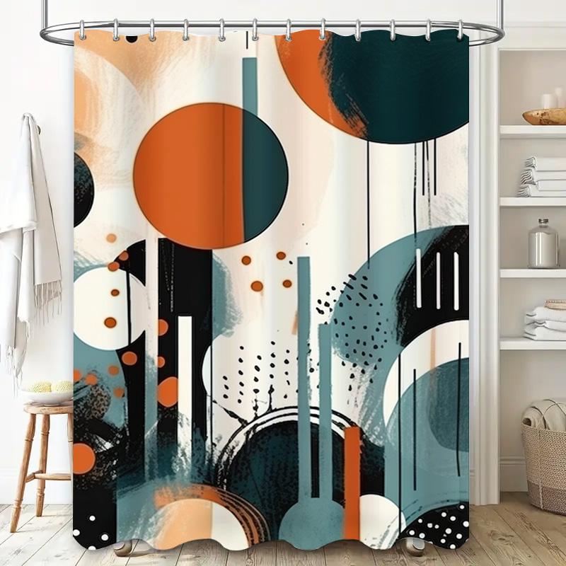 Modern Bathroom Decor Shower Curtain Set with Geometric Print for Home Decoration Orange, Black White