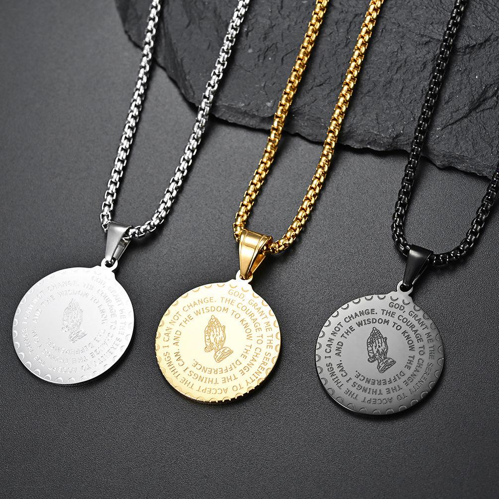 Men's Praying Hands Coin Pendant Round Medal Necklace Religious Hands Prayer Jewelry