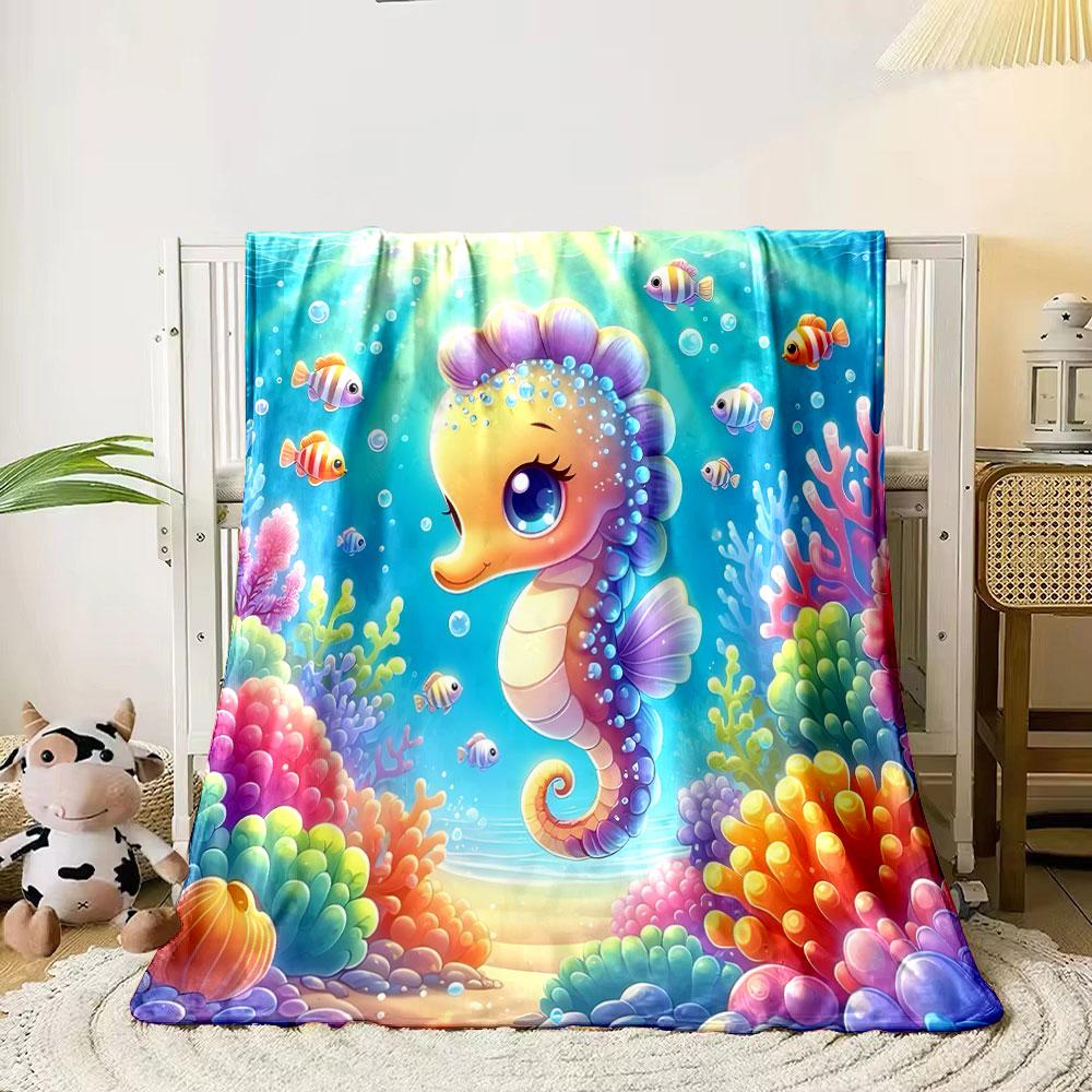 Cute Seahorse and Colorful Coral Reef Scene Print Blanket Soft and Cozy Perfect for the Living Room Bed Sofa or a Nap,gift