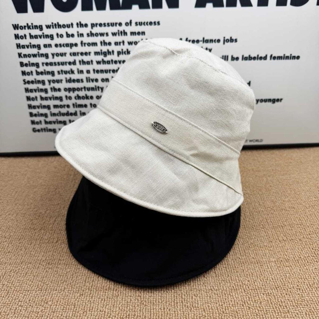 New simple solid color bucket hat women's summer metal label light and thin sunscreen versatile face small sunshade sun hat