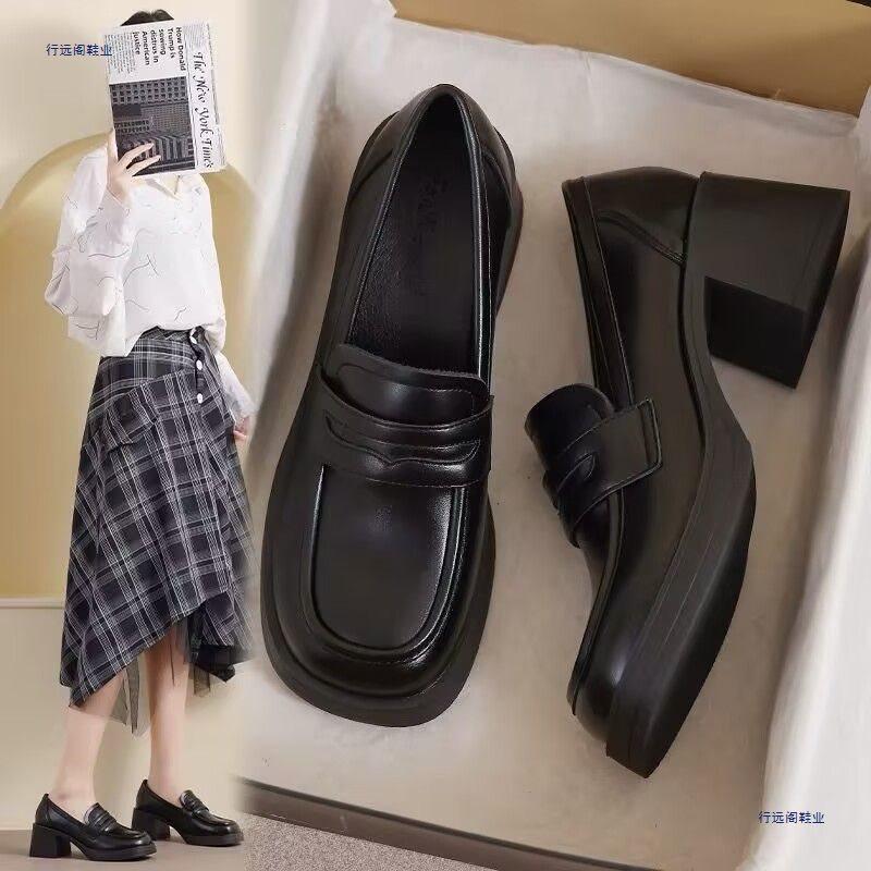 Small leather shoes women's new spring and autumn monsoon black work with skirt high heel thick sole