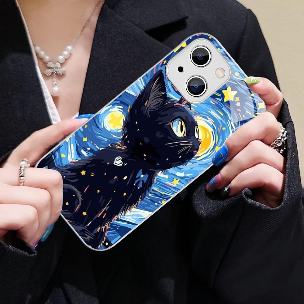 Starry Sky Cat Phone Case For IPhone 14 13 12 Mini 11 Pro XS Max X XR 14 Plus Tempered Glass Cover