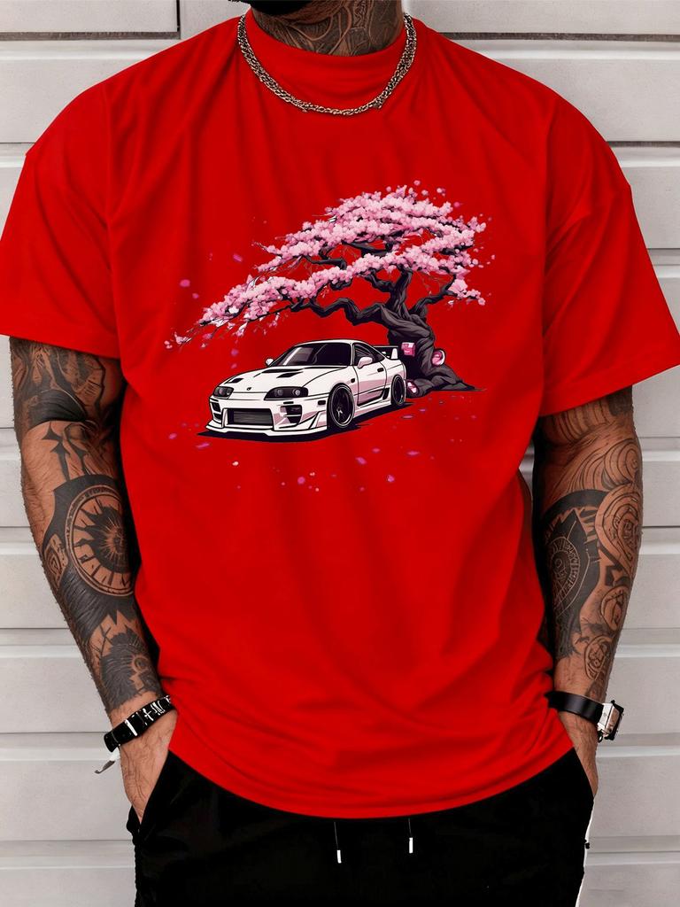 Unisex Summer White T Shirt Japanese Cherry Blossom JDM Car Graphic Tee Casual Streetwear Crew Neck Loose Fashion Daily Tops