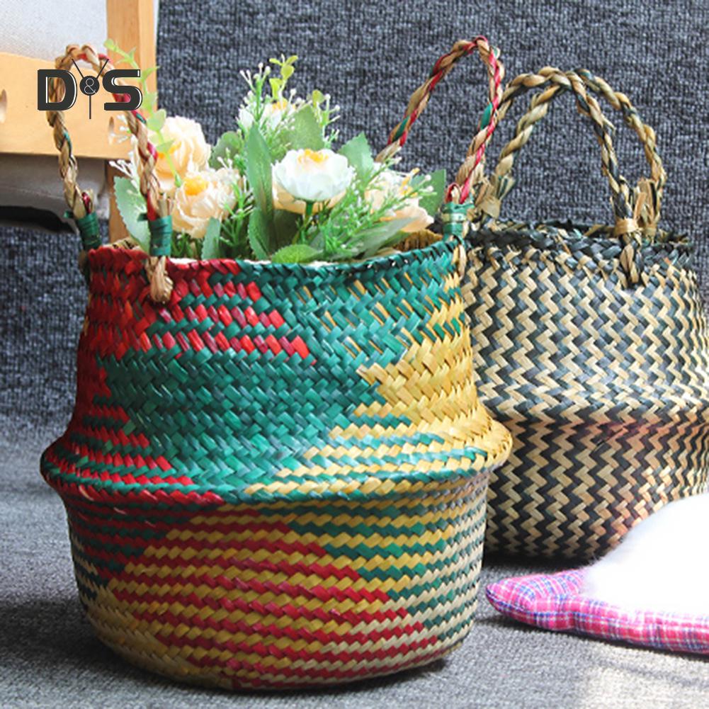 Dayuansheng Folding Straw Wicker Storage Basket Handle Garden Flower Pot Planter Laundry Bag