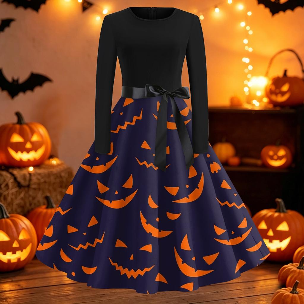 Women's Casual Long Sleeve Fit and Flare Dress Round Neck Halloween Print Full Skirt Midi Dress with Waist Tie Belt