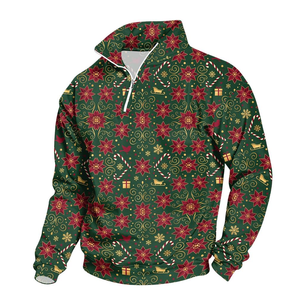 Men's Casual Stand Collar Sweatshirt with Christmas Print for Holiday Wear