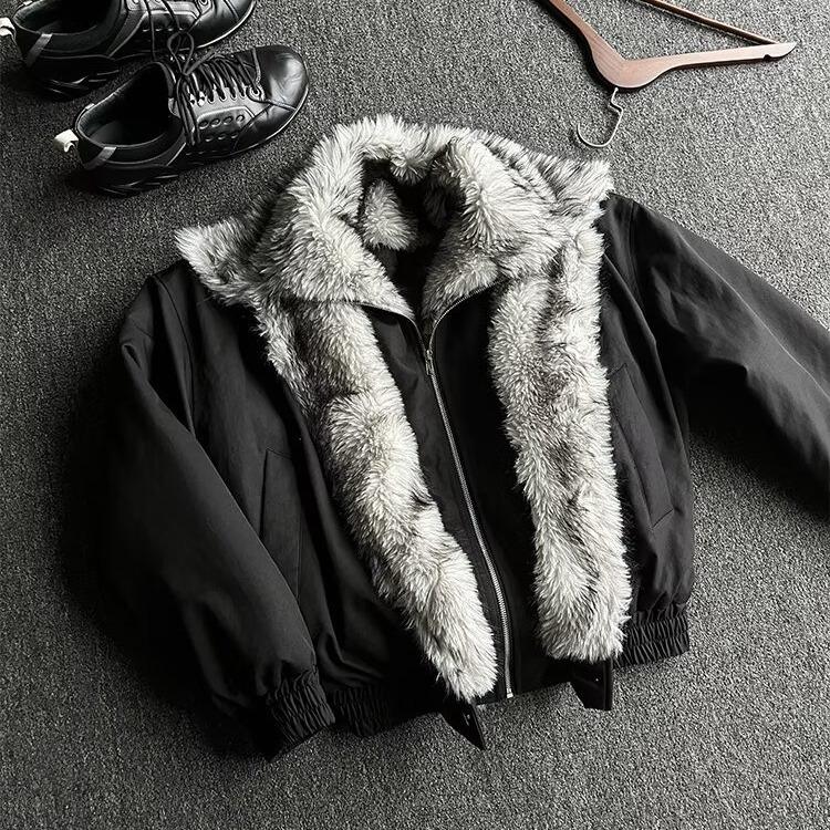 2025 Unisex American Style Faux Two-Piece Mountain Wolf Throne Jacket - Winter Warm Double Layer Shearling Collar Coat
