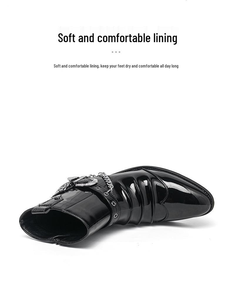 Chelsea Martin Men's High-Top Patent Leather Boots with Pointed Toe, British Style, Zipper, and Height Increasing Feature for Autumn/Winter.