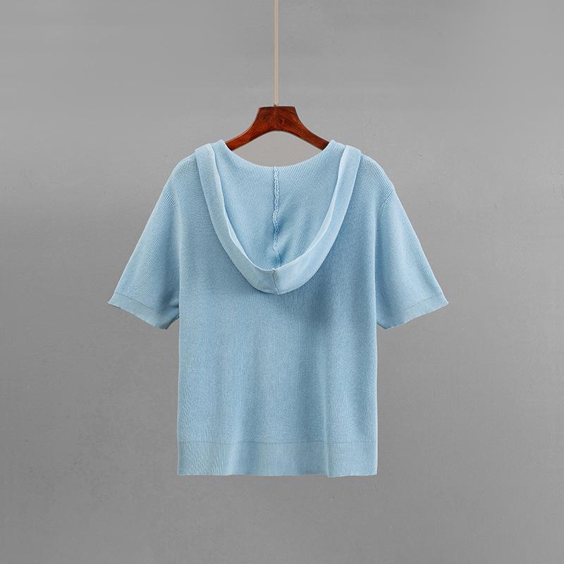 Knitted Solid Color Loose Zipper Hooded Short Sleeved Top Set Casual Wide Leg Pants Two Piece Set