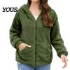Soft Plush Outerwear Women Oversized Fleece Jacket, Warm Casual Hooded Coat with Solid Color Pockets, Long Sleeve Zip-Up Hoodie for Fall Winter