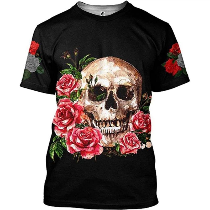 XXS-6XL Plus Size T-shirt Retro Dödskalle Ros Grafik Herr T-shirt För Män Sommarmode Casual Kortärmad T-shirts 3D-tryckta Toppar