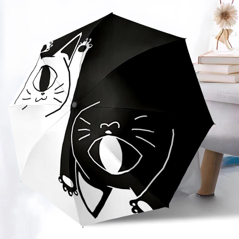 1pc Cat Yin Yang Folding Umbrella With Excellent UV Protection, 8 Ribs Casual Durable Lightweight Portable Travelling Umbrella For Men & Wom
