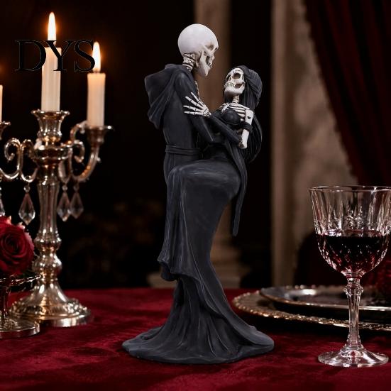 Day of The Dead Ornament Gothic Hugging Lover Skeleton Resin Statue, Mysterious Lovers Robe Statue Couple Figurine for Halloween Tabletop Window