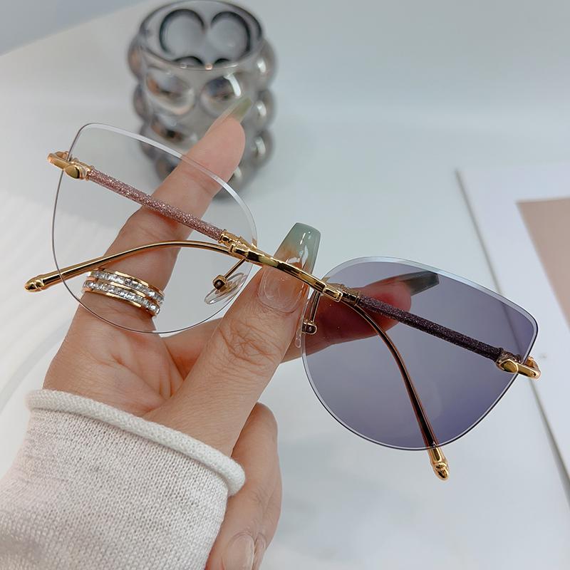 2PCS Color Changing Metal Cat Eye Sunglasses Women Men Rimless Exquisite Luxury Sun Glasses Daily Leisure Male Female Glasses
