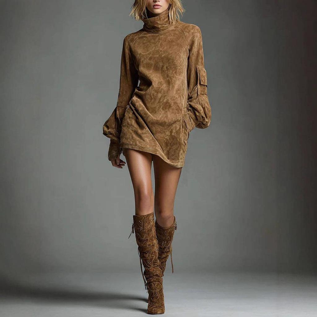 Autumn 2025 Suede High Neck Pocket Mini Dress