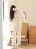 Women's ice silk long-sleeved pajamas set cream lapel V embroidery light luxury high-end sense can be worn outside loungewear
