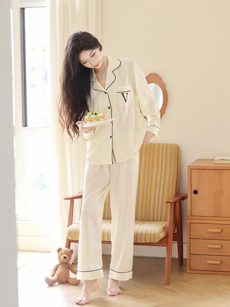 Women's ice silk long-sleeved pajamas set cream lapel V embroidery light luxury high-end sense can be worn outside loungewear