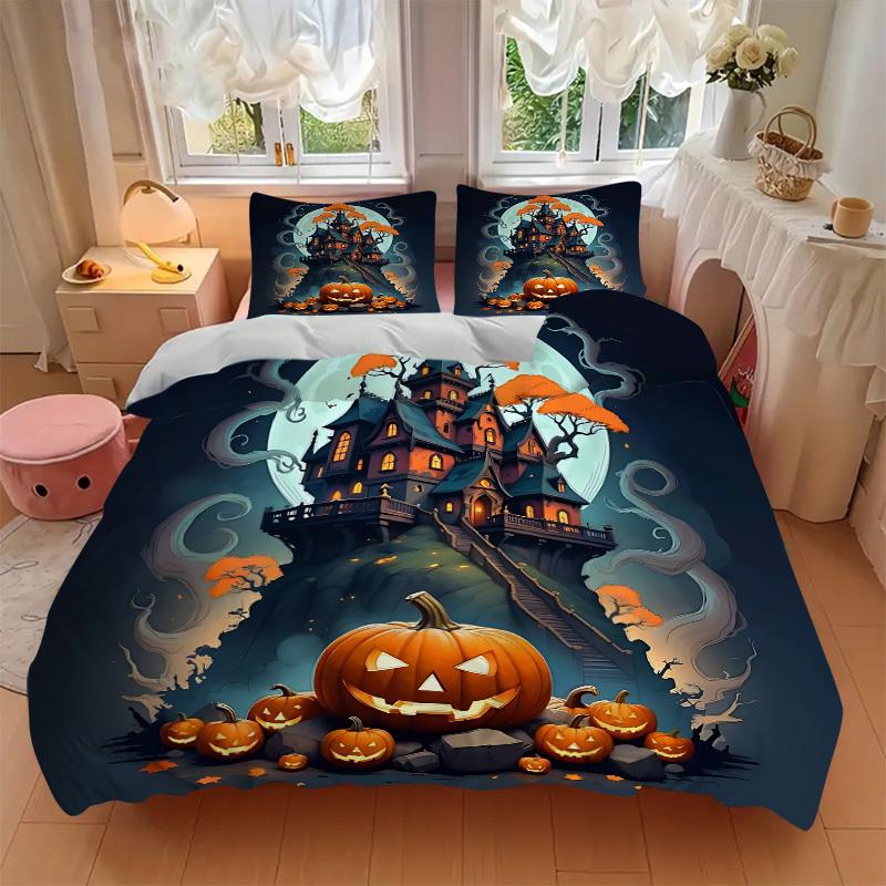 3pc Halloween Haunted Cover Set - 1 Quilt Cover + 2 Pillowcases, All Seasons Bedroom Setting, Perfect for Home016