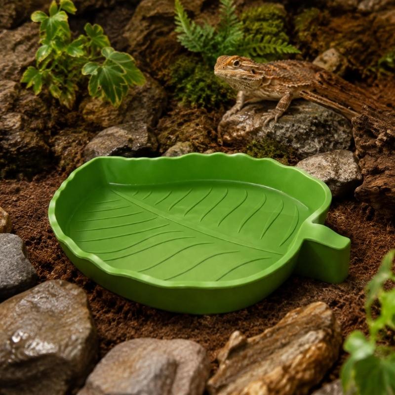 Molded Plant-Form Bowl Pair for Small Herps, Textured Plastic Dishes with Open Interiors for Food or Drinking Water