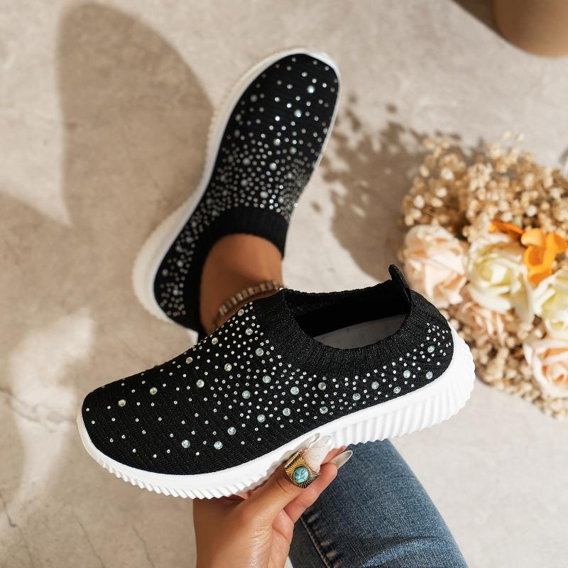 Women's Sports Shoes Spring New Round Head Shallow Mouth Glitter Mesh Cloth Breathable Soft Sole Non-slip Single Shoes