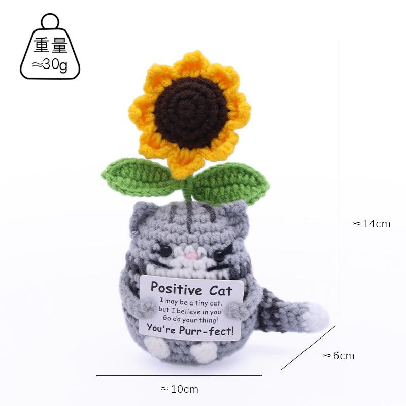 

Funny Positive Crochet Cat Flower Doll Desktop Ornament Handmade Cheer Emotional Support Positive Cat with Card Home Party Decor No Base