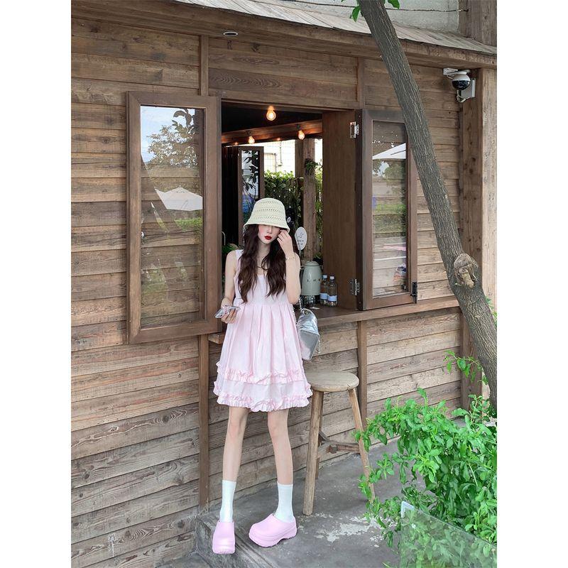 Kumikumi Sweet Style Pink Double-Layer Lace Vest One piece Dress Women clothing Summer Chic Age-Reducing Slimming Short dress