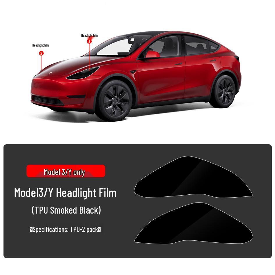 Tesla Model 3/Y TPU Anti-Mud Smoked Film: Headlight, Taillight, Center Pillar, Door Handle Protection.
