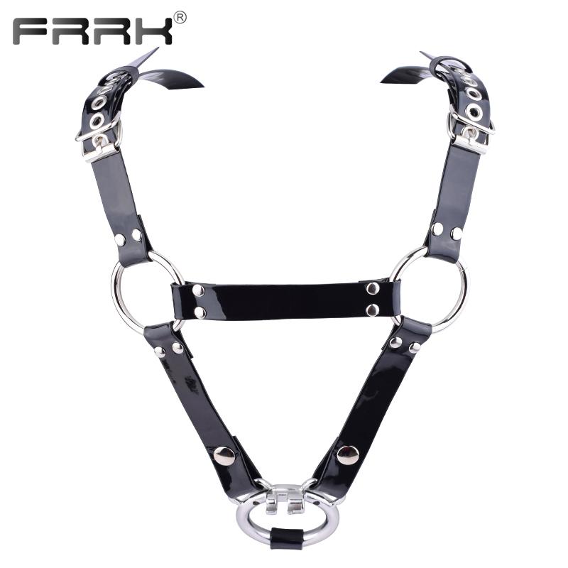 FRRK PU pásový postroj pro hráče BDSM Metal Chastity Cage v různých velikostech Sexy dospělí Intimní produkty Sexuální hračky Bondage