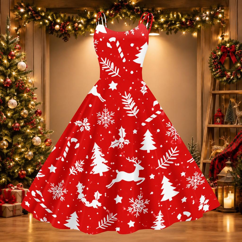 Women's Sexy Off Shoulder Christmas Print Retro Dress for Party