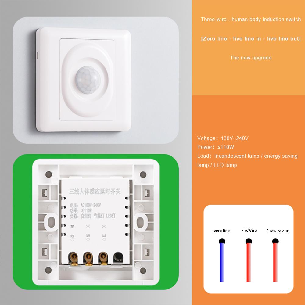 PIR Motion Sensor Switch AC 110V-240V Recessed Infrared Smart Human Body Sensor 86 Type Panel Light Control Switch for Wall
