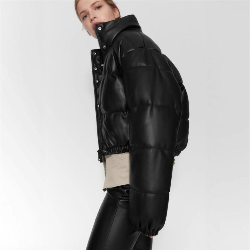 Womens Winter PU Faux Leather Padded Jacket Slim Fit Solid Color Casual Coat With Stand Collar