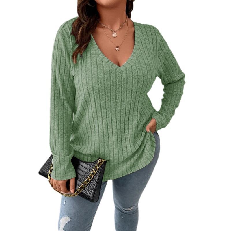 Podzimní a zimní jednobarevný top s výstřihem do V a dlouhým rukávem s žebrováním, česaný, volný pulovr plus size dámská trička