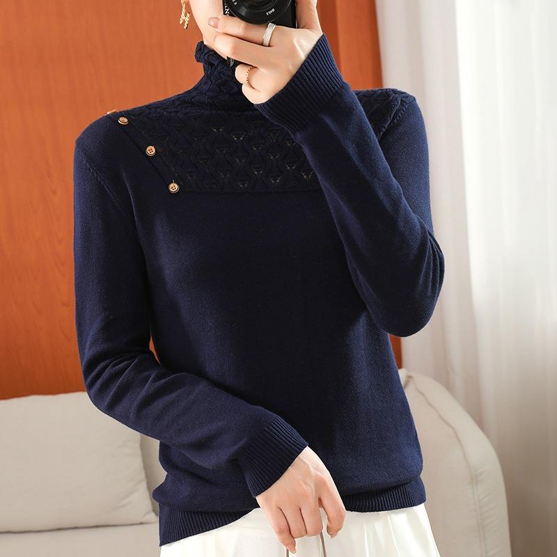 Duplex Collar Cotton Thread Pullover Long-sleeved Sweater for Women In Spring and Autumn New Hook Flower Hollow Inner Base Top