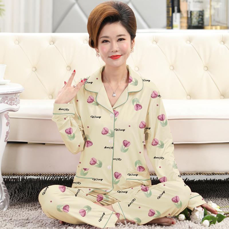 Frühlings- und Herbstpyjama Damen Imitationsbaumwolle langärmelig dünn hochwertig reiche Blume Mutter Loungewear-Set