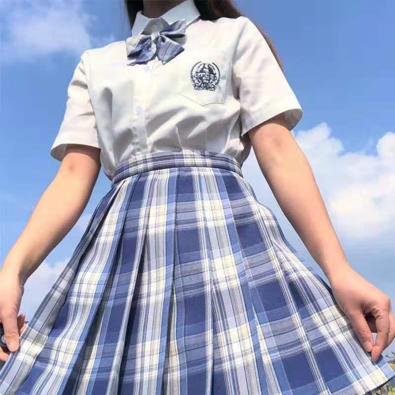Gentle Blade Authentic JK Uniform: Plaid Pleated Skirt & College Style Short Shirt Set