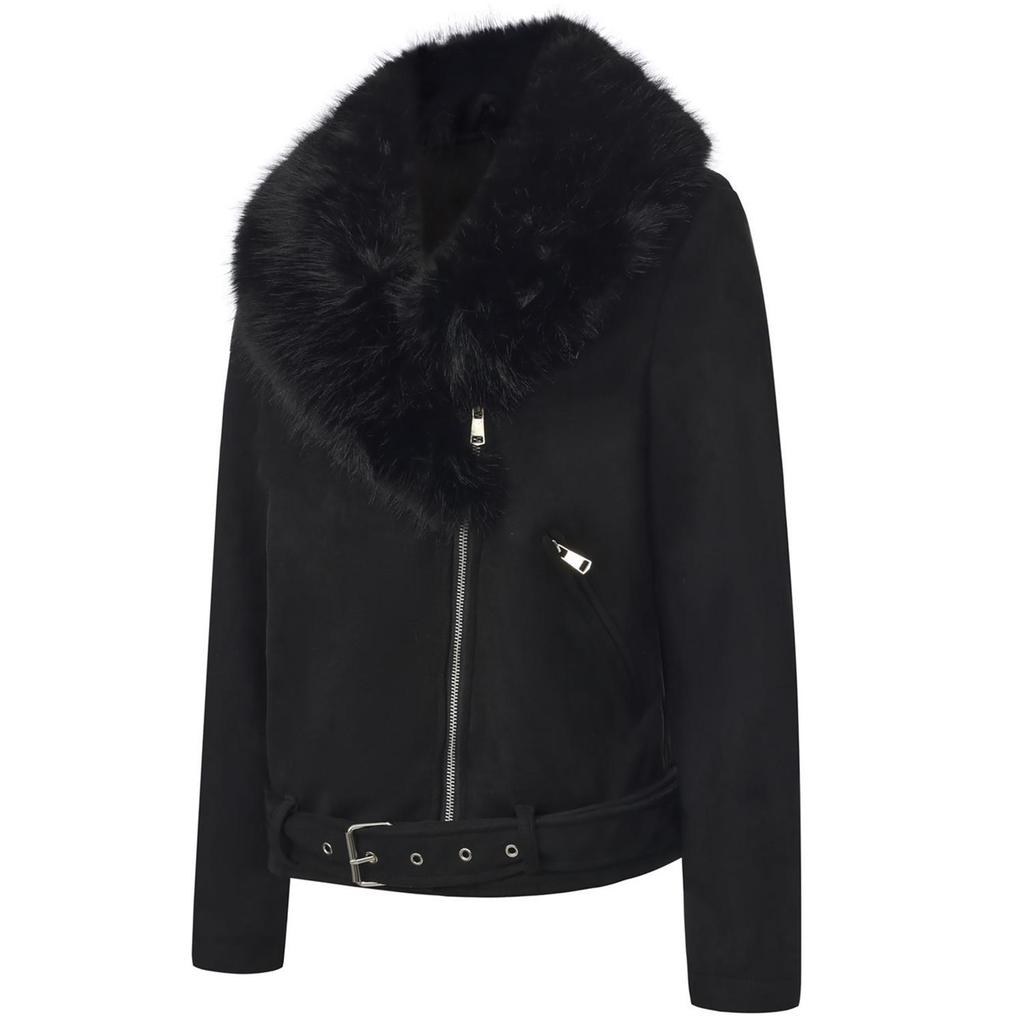 Women’s Faux Fur Coats 2 Way Wear Outfit Detachable Fur Collar Zipper Jacket Matte Faux Suede Crop Top Stylish Motobike Wear