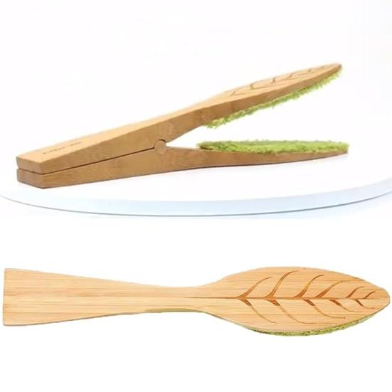 Yousheng Leaf Cleaner Clips with Magnets Natural Pinewood Leaf-Shaped Tongs Double Brush Head Long Handle Leaf Cleaner Tool