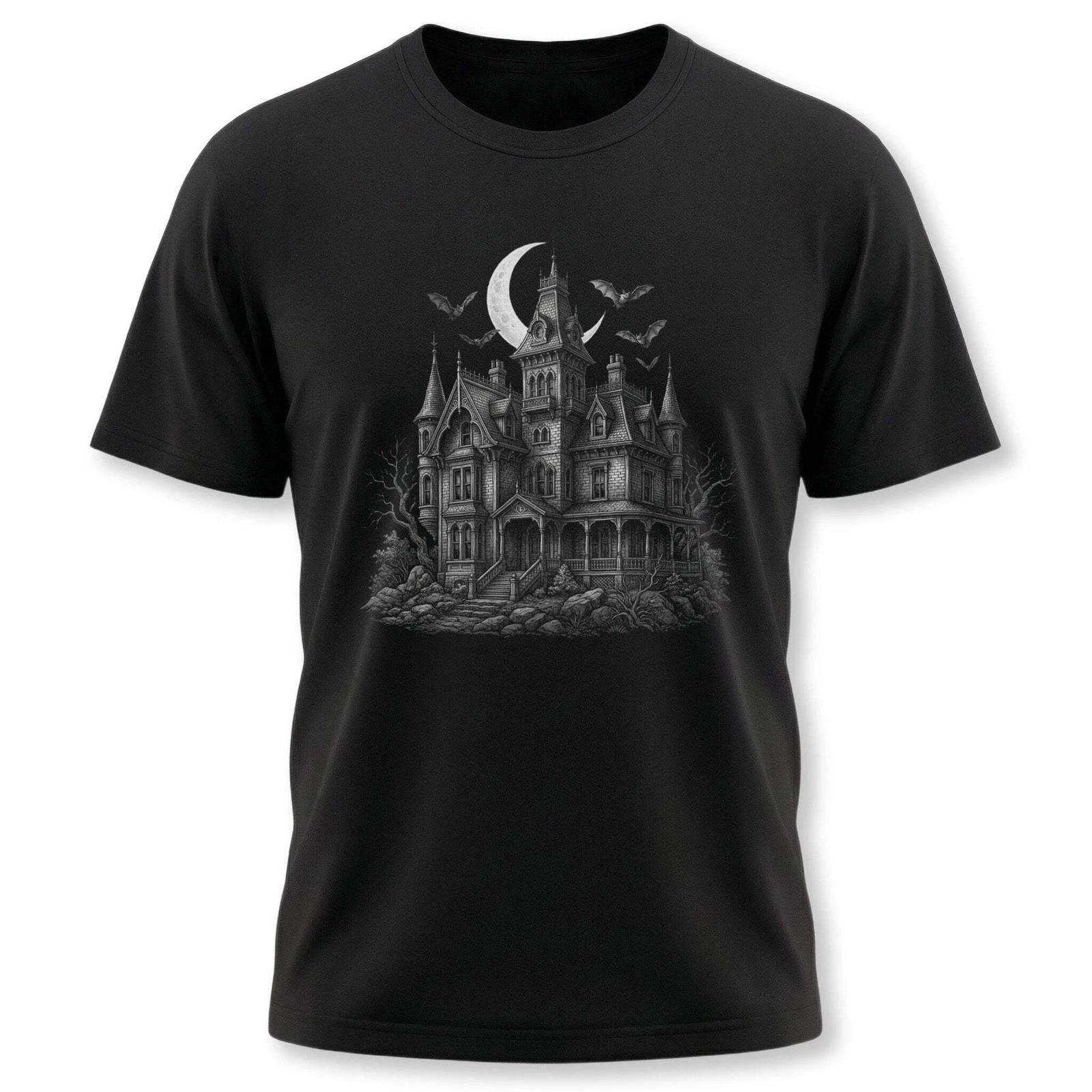 Haunted House Bats Moon T-Shirt | Spooky Gothic Mansion Halloween Tee Shirt XXXL
