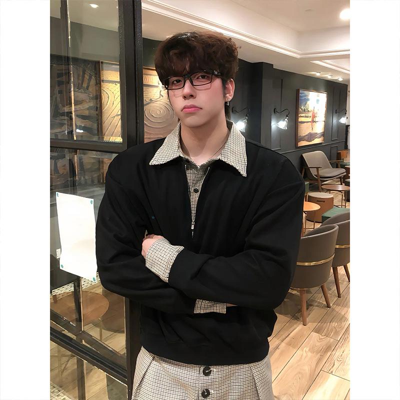 Men s Autumn Houndstooth Plaid Zip-Up Long-Sleeve Polo Hoodie Medium чёрный