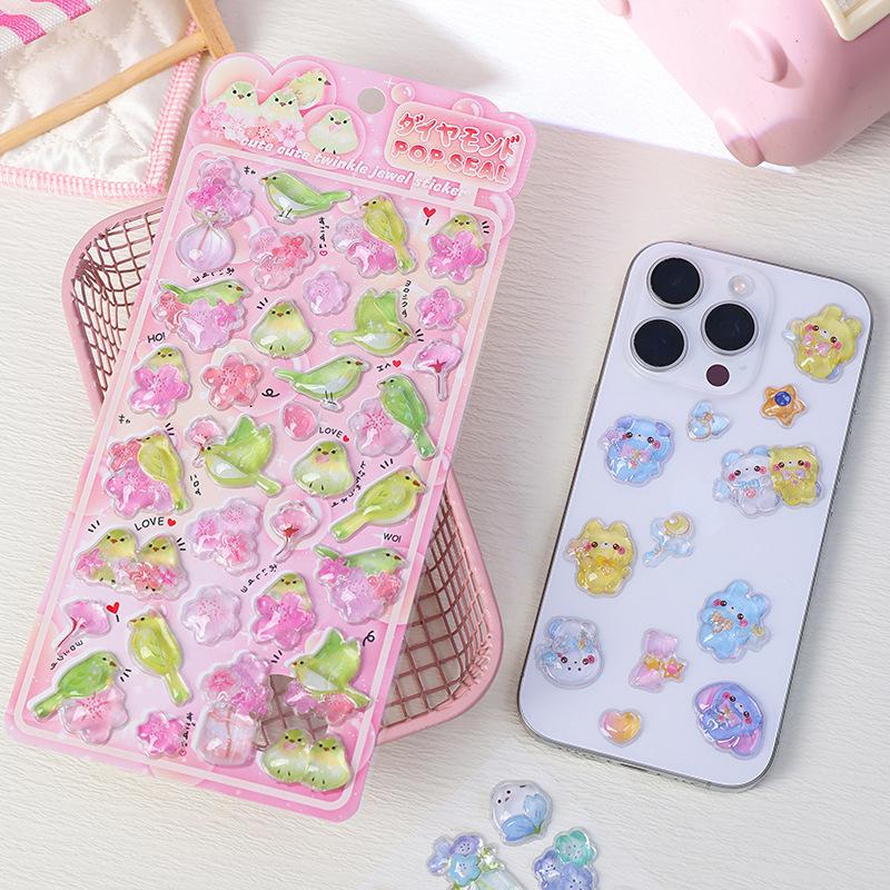4pcs DIY 3D Stickers Cartoon Shiny Crystal Decorative Stickers Cute Animal & Flower Embellishments for Journal DIY & Phone Case