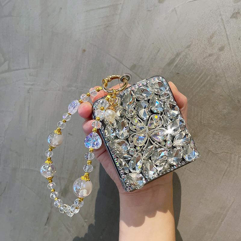 For Samsung Galaxy Z Flip 7 FE 6 5 4 3 5G Fashion Cute Rhinestone Butterfly Diamond Case Cover with Bling Crystal Hand Strap