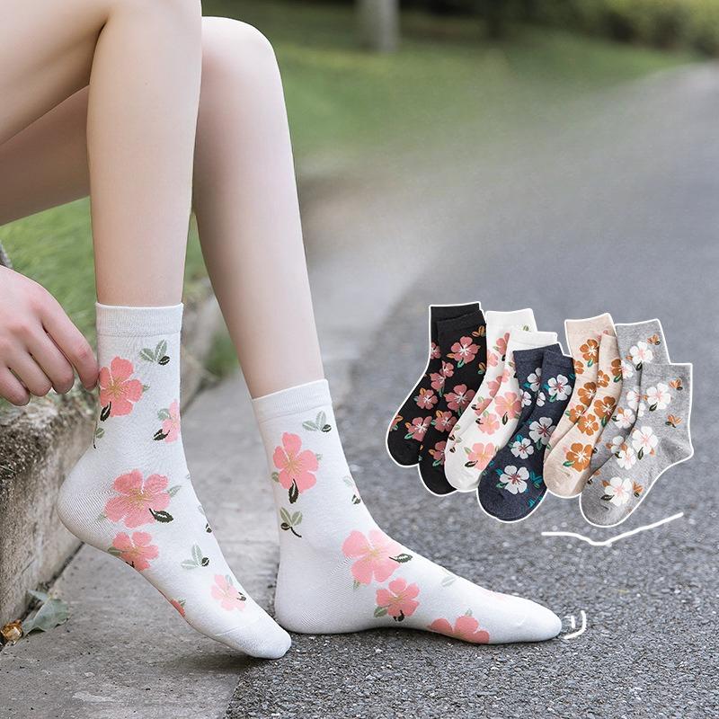 10 Pairs Women Floral Cotton Vintage Patterned Crew Middle Tube Socks Novelty Ankle Ruffled Warm Casual Sock