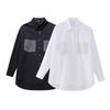 Women's Point Collar Long Sleeve Shirt Oversized Fit Streetwear Solid Rhinestone Pocket Blouse