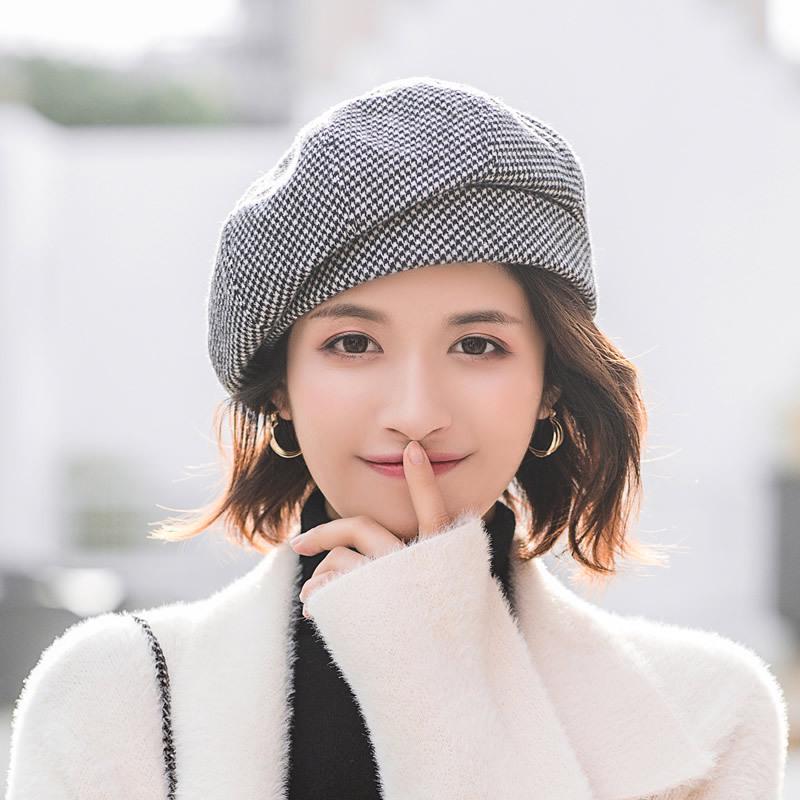 Women's Autumn/Winter Houndstooth Beret - Retro British Style