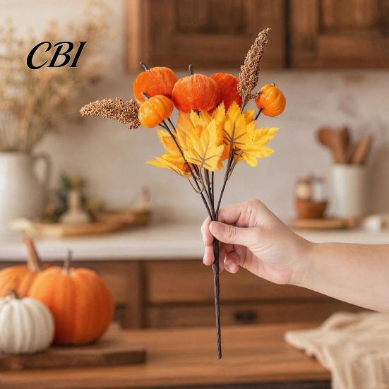 Pumpkin And Berry Centerpiece Autumn Flower Bouquet, Artificial Fall Floral Picks with Maple Leaves Pumpkins Orange Yellow Berries Pine Cones