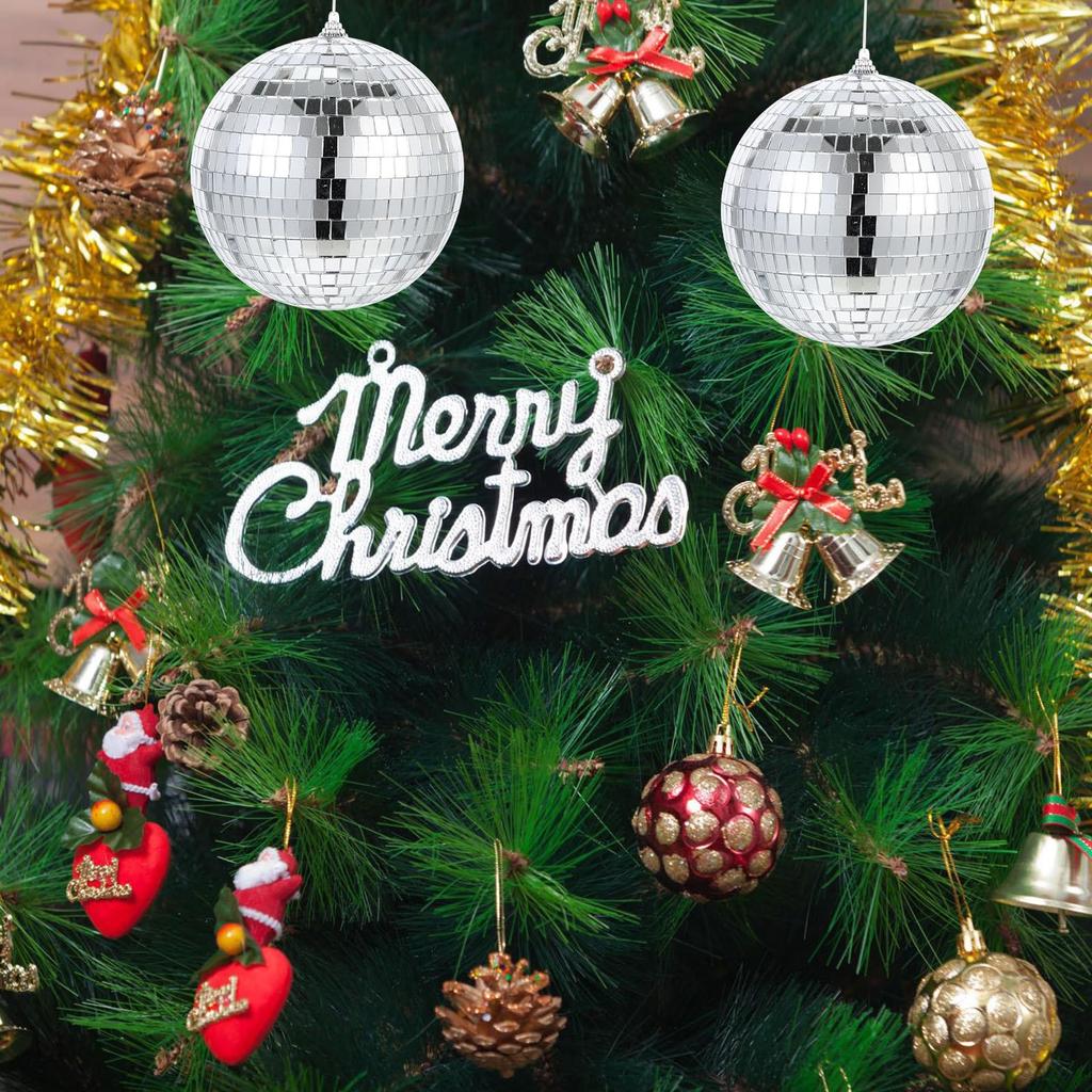 Lurrose Mirror Balls, 15cm, Set of 2, Hanging, Reflective, Disco Light, Christmas Decoration, Tree Ornament, Silver