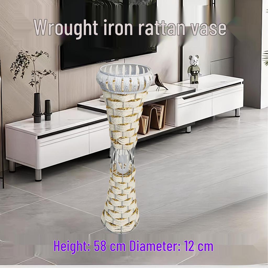 Nordic Large Resin Rattan Vase for Dried Flowers - Ceramic Look, Iron Art Floor Decoration.